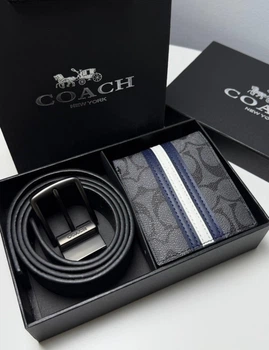 Подарунковий чоловічий набір Coach: Двосторонній ремінь + Портмоне з контрастною смугою