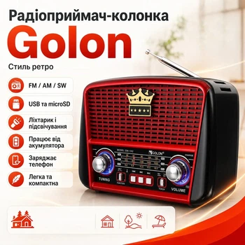 Радіоприймач акумуляторний з Bluetooth, MP3 та ліхтариком, Golon RX-BT455S AM / Портативне радіо