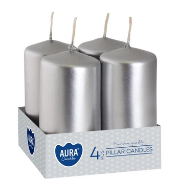 Комплект свечей цилиндр Aura (Bispol) 4х8 см. 4шт Серебряные (27376)