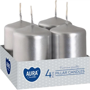 Комплект свечей цилиндр Aura (Bispol) 4х6 см. 4шт Серебряные (27367)
