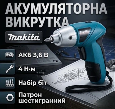 Викрутка акумуляторна Makita DF001DW 4 Н·м (АКБ 3,6 В) 0–200 об/хв Патрон шестигранний Кейс набір біт