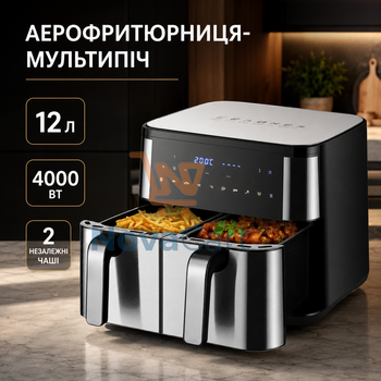 Аэрофритюрница-мультипечь сенсорная с двумя чашами 12 л 4000 Вт Черная