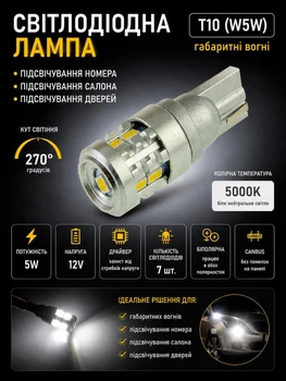 Автолампа светодиодная W5W 5W 5000K с обманкой CANBUS 12V LED лампа в габариты габаритные огни безошибочные лед для авто замена лампы накаливания W2.1x9.5d габарит подсветки номера в машину тип-106 T10 1шт.