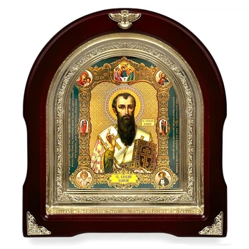 Икона Святитель Василий Великий,лик 15х18 см, в темном деревянном киоте, арка