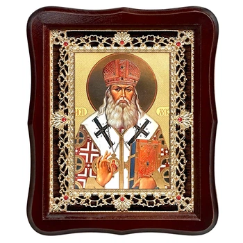 Ікона Лука Святитель, сповідник, архієпископ Красноярський, обличчя 15х18 см, у темному дерев'яному кіоті з камінням