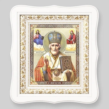 Икона Николай Чудотворец святой, лик 15х18 см, в белом фигурном деревянном киоте, тип 3, 11145