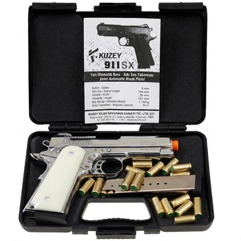Стартовий пістолет Kuzey 911-SX#3 + 50 холостих патронів, Colt M1911 Shiny Chrome Plating/White Grips