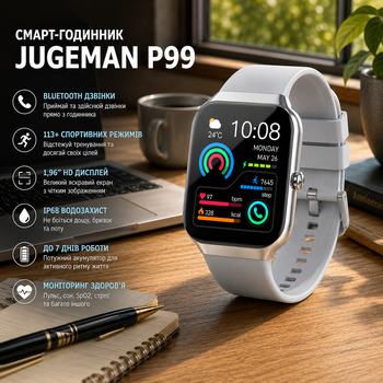 Смарт-годинник Jugeman P99 для чоловіків та жінок, Bluetooth 5.3, дзвінки, 113+ спортивних режимів, 1,96", IP68, сірий