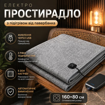 Электропростынь с подогревом USB 160×80 см питания от Power Bank с 3 режимами нагрева и 5 зонами обогрева Электрическая термопростыня USB Простыня с электроподогревом грелка для кровати