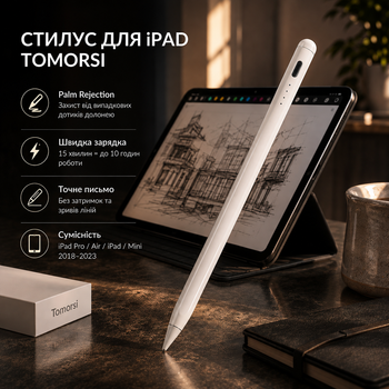 Стилус для iPad Tomorsi, Palm Rejection, швидка зарядка, точне письмо, Apple iPad Pro/Air/iPad/Mini 2018–2023, білий