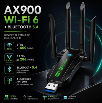 USB Wi-Fi адаптер AX900 Wi-Fi 6 2.4/5 ГГц з Bluetooth 5.4 та 4 антенами, бездротовий мережевий адаптер для ПК