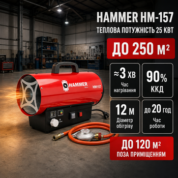 Газовый обогреватель Hammer HM-157 25 кВт инфракрасный нагреватель на пропан-бутане для помещений до 250 м² тепловая пушка с вентилятором напольная газовая печка для гаража мастерской склада дачи строительства хозяйственных объектов
