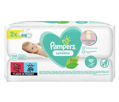 Дитячі вологі серветки Pampers Sensitive, 2 упаковки по 52 шт для делікатного догляду за шкірою