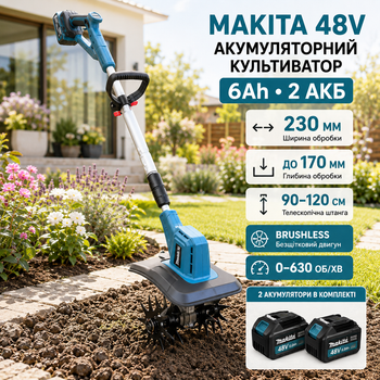Аккумуляторный культиватор Makita 48 В ручной мотокультиватор 6 А·ч бесщеточный с 2 аккумуляторами электротяпка для рыхления прополки обработки почвы сада огорода клумб 23 см