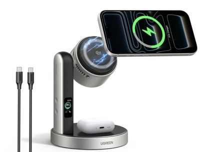 Беспроводное зарядное устройство UGREEN MagFlow Pro Qi2.2 25W 2 in 1 Magnetic с TEC-охлаждением, кулером и дисплеем