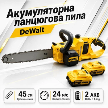Аккумуляторная пила DeWalt DCM775N с шиной 45 см 2 АКБ - 48V 6Ah, скорость цепи 24 м/с