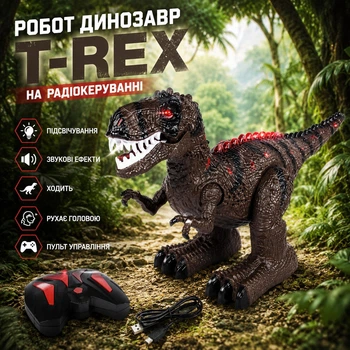 Робот динозавр T-Rex на радиоуправлении, пульт, USB кабель, звук, подсветка, ходит, двигает головой Коричневый (i7-183160)