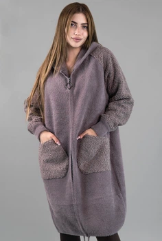 Женская длинная кофта из альпаки лиловая с рукавами барашек one size (263404)