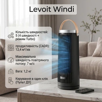Компактный вентилятор Levoit Windi Tower, 33,5 см, LTF-F132-BEUR, 20 дБ, таймер, 7,5 Вт, 5 скоростей, пульт, черный