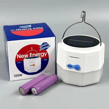 Лампа для кемпінгу New Energy 120W Портативна LED-лампа з сонячною панеллю, 2 акумуляторами 18650, колірною температурою 6800-7300K та гачком для походів та відпочинку Білий