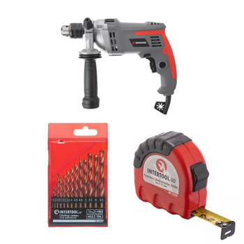 Набор для монтажа INTERTOOL: дрель DT-0121 + сверла SD-0013 + рулетка MT-0205