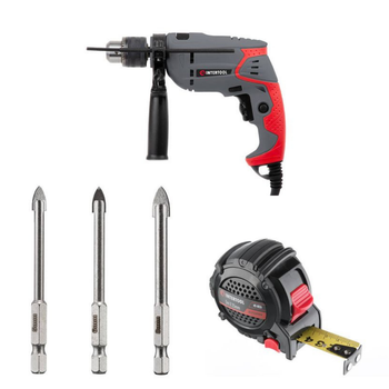 Набор для монтажа INTERTOOL: дрель DT-0107 + сверла SD-0293 + рулетка MT-0826