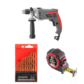 Набор для монтажа INTERTOOL: дрель DT-0121 + сверла SD-0014 + рулетка MT-0848