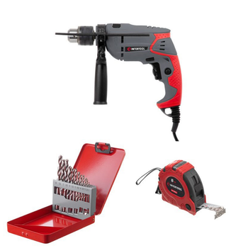 Набор для монтажа INTERTOOL: дрель DT-0107 + сверла SD-0114 + рулетка MT-0308