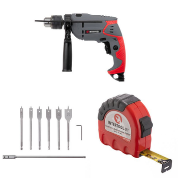 Набор для монтажа INTERTOOL: дрель DT-0107 + сверла SD-0207 + рулетка MT-0205