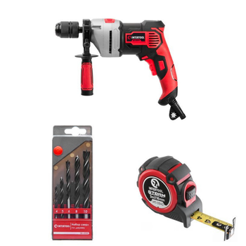 Набор для монтажа INTERTOOL: дрель WT-0119 + сверла SD-0205 + рулетка MT-0843