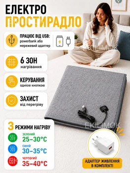 Електропростирадло з підігрівом від USB, ковдра 160×80 см, електричне простирадло на 3 режими та 6 зон нагріву 30–40°C, з блоком живлення, електроковдра-покривало для дому, дачі, кемпінгу та блекауту