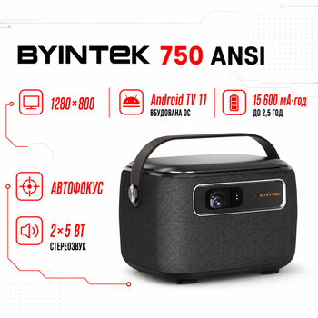 Портативний проектор BYINTEK R20 Max / 1280 х 800Р / 750 ANSI lm / Android TV 11 / Wi-Fi / Bluetooth / Акумулятор 15600 мА·г