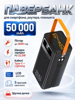 Повербанк 50000 mah 22.5W Qinetiq RQ-50 з LED дисплеєм і швидкою зарядкою PD/QC кабель Type-C в комплекте powerbank 50 000 павербанк для телефона apple айфона iphone самсунг samsung роутера планшета універсальний павербанк з ліхтариком Space black