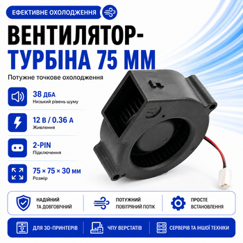 Вентилятор улитка 75мм 12В 2пин центробежный турбина кулер ЧПУ, сервера 670321