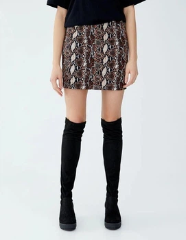 Юбка Pull & Bear Ж1065732 короткая прямого кроя змеиный принт animal print коричневый цвет размер S летняя модель 97% хлопок 3% эластан