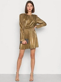 Сукня Missguided WXDE935871 золотистий колір міні довгий рукав плисе з металевим блиском круглий виріз розмір 10 (38) жіноча приталена модель