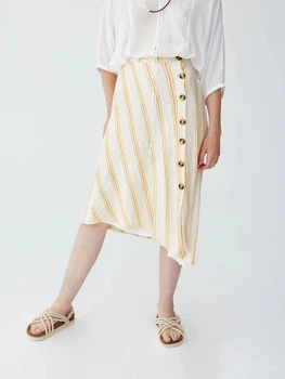 Юбка Pull & Bear 9398/358/712-AESM бежевая в полоску миди асимметричный крой низа размер M с пуговицами по передней части и поясом завязкой на талии
