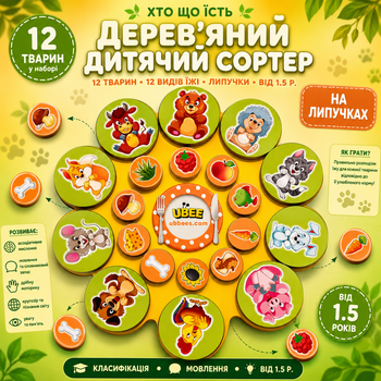 Развивающая детская игра на липучках Ubee "Кто что ест" с животными и пищей , деревянная