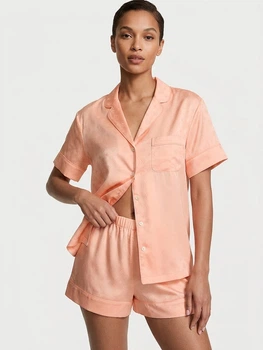Сатиновая пижама Victoria's Secret Signature Satin Short Pajama Set - Персиковый -S