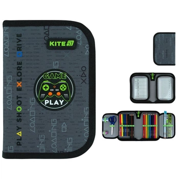 Пенал школьный Kite 1 отделение с 2 отворотами с наполнением Good Game K26-622H-2