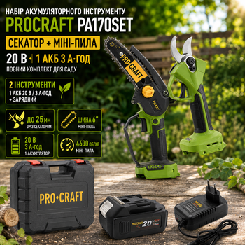 Набор аккумуляторного садового инструмента Procraft PA170SET 20 В секатор ES22Li бесщеточный до 25 мм мини пила PKA3 шина 152 мм 6 дюймов 4600 об мин комплект для обрезки веток деревьев кустов с 1 АКБ 20/3 зарядным устройством