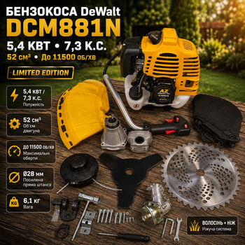 Бензокоса DeWalt DCM881N 5,4 кВт мотокоса бензинова 7,3 к с тример 52 см³ 11500 об хв з прямою штангою 28 мм ножем ліскою фрезою для трави бур'янів чагарників саду ділянки