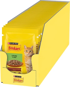 Упаковка вологого корму для котів Purina Friskies шматочки в підливі з ягням 85 г х 26 шт (7613036974745)