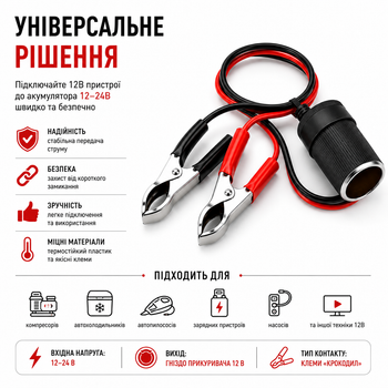 Кабель-адаптер питания с клемм АКБ на розетку прикуривателя 12–24V / Переходник с крокодилами для автоприборов (187)