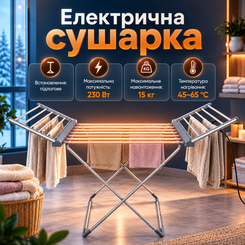 Електрична сушарка для білизни 230 Вт до 15 кг з крилами Складна підлогова сушилка для одягу з підігрівом Алюмінієва сушарка для речей