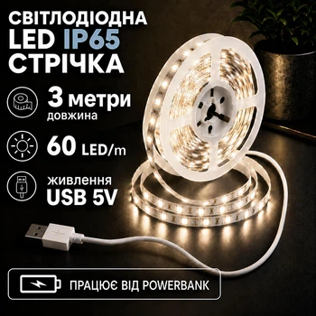 Світлодіодна LED стрічка 3 метри IP65 із USB, білий нейтральний, вологозахист світильник для підсвічування, живлення від павербанку 5 вольт, 4000K