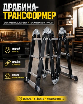 Лестница-трансформер универсальная складная 4-секционная, 12 ступеней, шарнирная многофункциональная черная