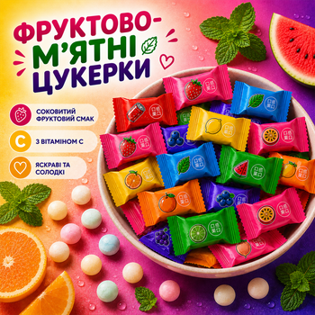 Фрутово-мятные конфеты без сахара с витамином C | Освежающие леденцы фруктовые для свежего дыхания | 100 г. - 100 шт.