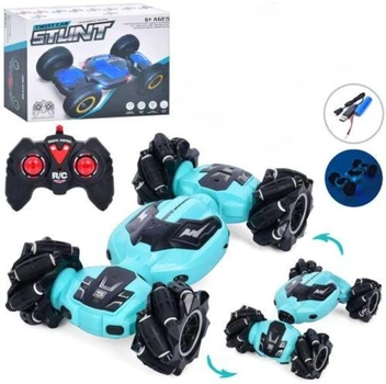 Детская игрушка Машина-перевертыш на радиоуправлении A-Toys, подсветка, акум. 3,7 V, пульт, роликовые колеса, 27,5-8-19,5 см, бирюзовая (M 765-23 H)