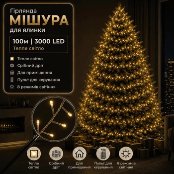 Светодиодная гирлянда Мишура с пультом 100 м 3000 LED Теплый белый свет Серебристый провод